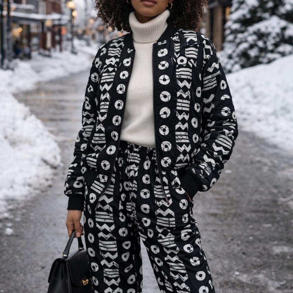 Black and White Patterned Jacket and Pants Set